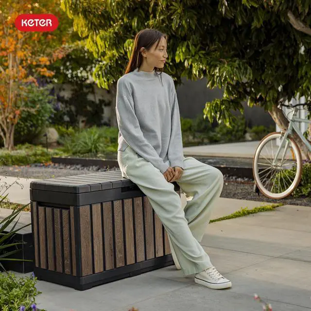Alt view image 6 of 6 - Keter Signature Everwood 50 Gallon Resin Deck Box-Organization and Storage for Patio Cushions, Throw Pillows and Garden Tools, Walnut