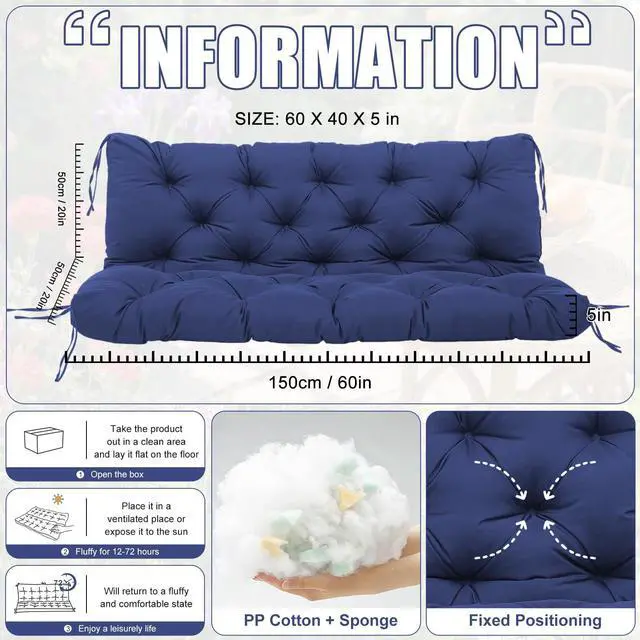 Alt view image 6 of 7 - SXBFHGH Swing Cushions 3 Seater Replacement Waterproof Outdoor Porch Swing Cushion with Backrest Extra Thick 5" Swing Cushions for Outdoor Furniture Patio Bench Garden Backyard (Navy Blue 60x40x5inch)