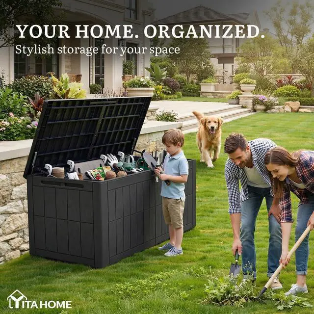 Alt view image 2 of 7 - YITAHOME 134 Gallon Large Deck Box, Waterproof Resin Outdoor Storage Box with Lock, Doubles as 2-Person Bench Seating for Patio Furniture Cushions,Garden Tools & Pool Accessories, Black