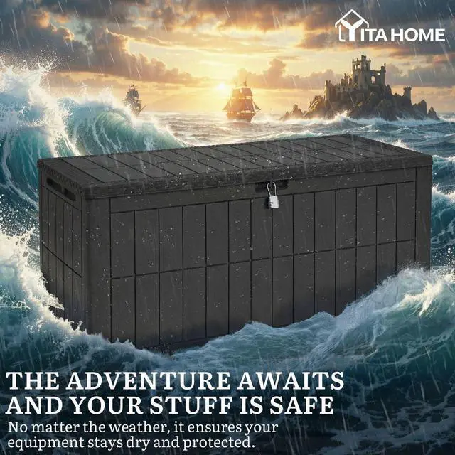 Alt view image 3 of 7 - YITAHOME 134 Gallon Large Deck Box, Waterproof Resin Outdoor Storage Box with Lock, Doubles as 2-Person Bench Seating for Patio Furniture Cushions,Garden Tools & Pool Accessories, Black