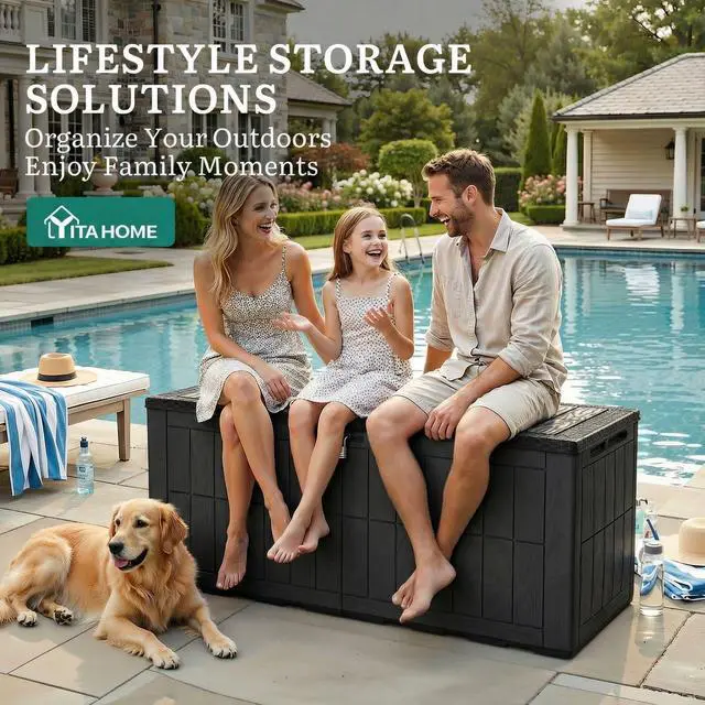 Alt view image 5 of 7 - YITAHOME 134 Gallon Large Deck Box, Waterproof Resin Outdoor Storage Box with Lock, Doubles as 2-Person Bench Seating for Patio Furniture Cushions,Garden Tools & Pool Accessories, Black
