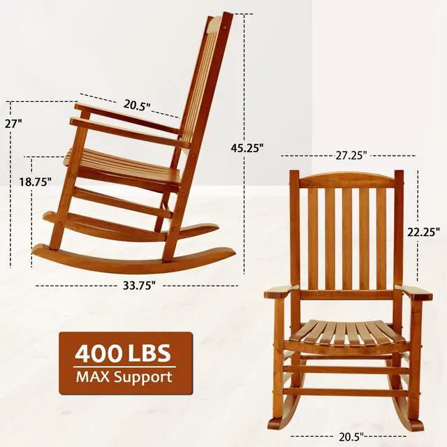 Alt view image 2 of 7 - Hupmad Wooden Oversized Porch Rocker Chair with High Back and Armrest, All Weather Slatted Rocker for Backyard, Garden, 400 lbs Support, Natural