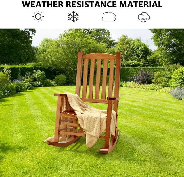 Alt view image 3 of 7 - Hupmad Wooden Oversized Porch Rocker Chair with High Back and Armrest, All Weather Slatted Rocker for Backyard, Garden, 400 lbs Support, Natural