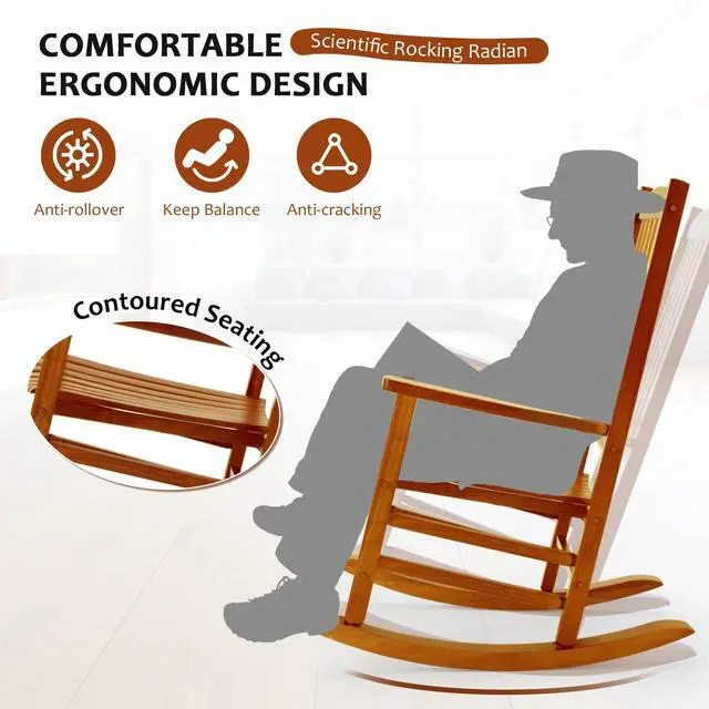 Alt view image 4 of 7 - Hupmad Wooden Oversized Porch Rocker Chair with High Back and Armrest, All Weather Slatted Rocker for Backyard, Garden, 400 lbs Support, Natural