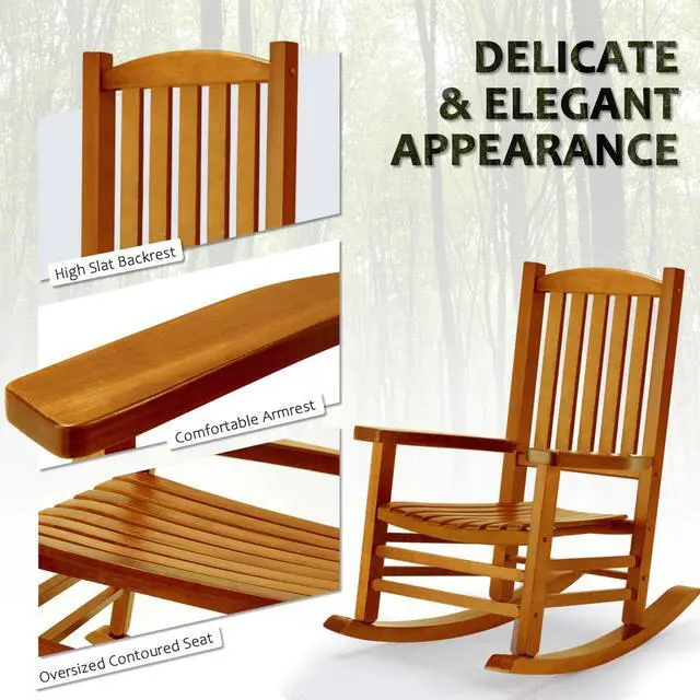 Alt view image 6 of 7 - Hupmad Wooden Oversized Porch Rocker Chair with High Back and Armrest, All Weather Slatted Rocker for Backyard, Garden, 400 lbs Support, Natural