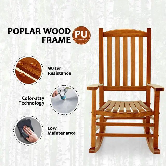 Alt view image 7 of 7 - Hupmad Wooden Oversized Porch Rocker Chair with High Back and Armrest, All Weather Slatted Rocker for Backyard, Garden, 400 lbs Support, Natural