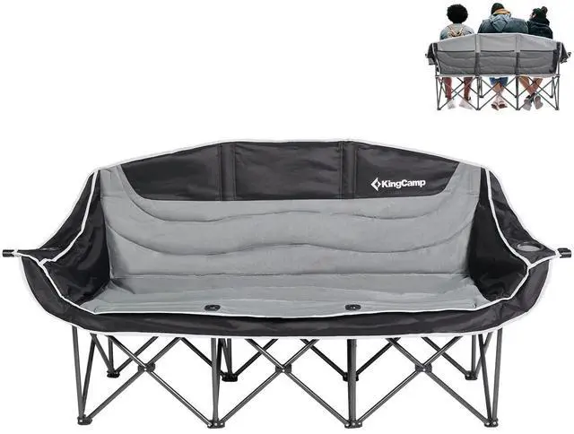 Main image of KingCamp 3 Person Camping Chair, Oversized 1100lbs Heavy Duty Loveseat for Adults Portable Folding XL 2 Person Couch Padded Comfortable Three Seat with Cup Holder for Outdoor Lawn Backyard, Black/Grey