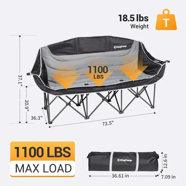 Alt view image 2 of 7 - KingCamp 3 Person Camping Chair, Oversized 1100lbs Heavy Duty Loveseat for Adults Portable Folding XL 2 Person Couch Padded Comfortable Three Seat with Cup Holder for Outdoor Lawn Backyard, Black/Grey