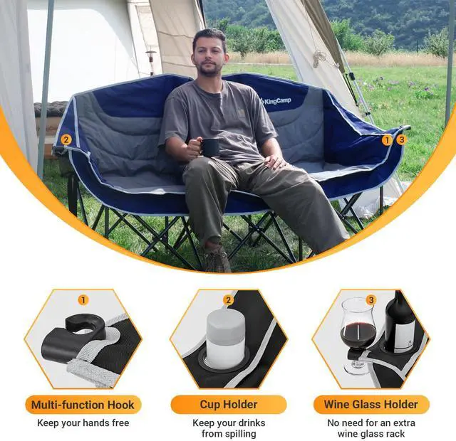 Alt view image 3 of 7 - KingCamp 3 Person Camping Chair, Oversized 1100lbs Heavy Duty Loveseat for Adults Portable Folding XL 2 Person Couch Padded Comfortable Three Seat with Cup Holder for Outdoor Lawn Backyard, Black/Grey