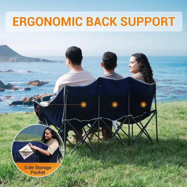 Alt view image 6 of 7 - KingCamp 3 Person Camping Chair, Oversized 1100lbs Heavy Duty Loveseat for Adults Portable Folding XL 2 Person Couch Padded Comfortable Three Seat with Cup Holder for Outdoor Lawn Backyard, Black/Grey
