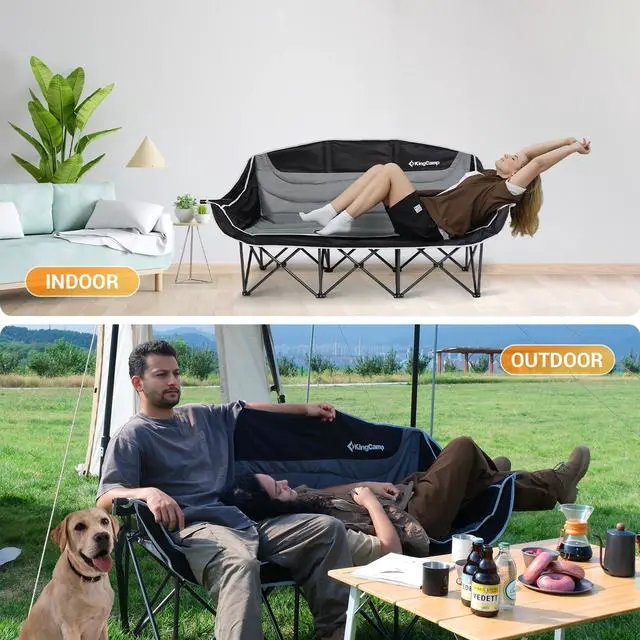 Alt view image 7 of 7 - KingCamp 3 Person Camping Chair, Oversized 1100lbs Heavy Duty Loveseat for Adults Portable Folding XL 2 Person Couch Padded Comfortable Three Seat with Cup Holder for Outdoor Lawn Backyard, Black/Grey