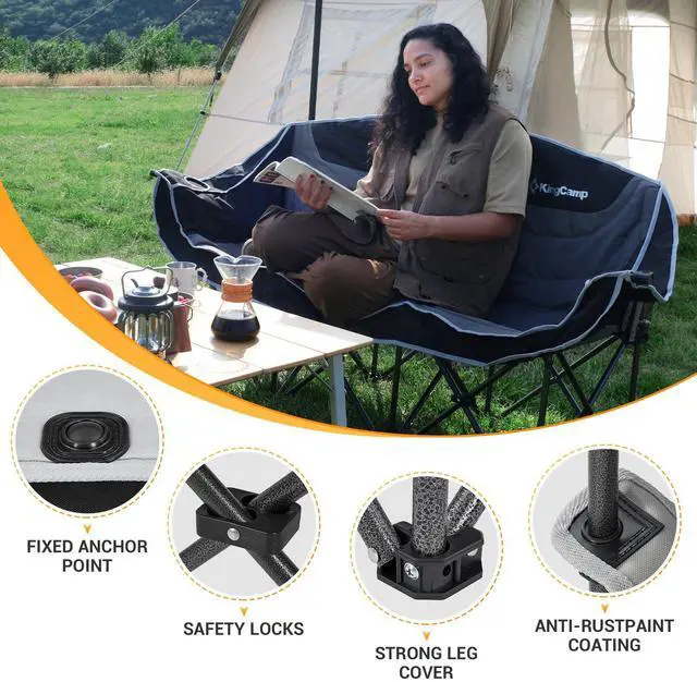 Alt view image 4 of 7 - KingCamp 3 Person Camping Chair, Oversized 1100lbs Heavy Duty Loveseat for Adults Portable Folding XL 2 Person Couch Padded Comfortable Three Seat with Cup Holder for Outdoor Lawn Backyard, Black/Grey