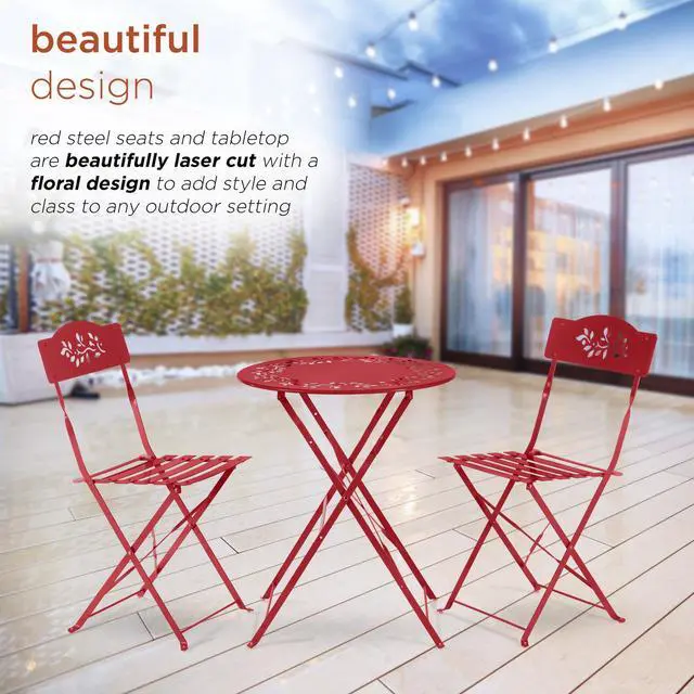 Alt view image 2 of 7 - Alpine Corporation Indoor/Outdoor 3-Piece Bistro Set Folding Table and Chairs Patio Seating, Red