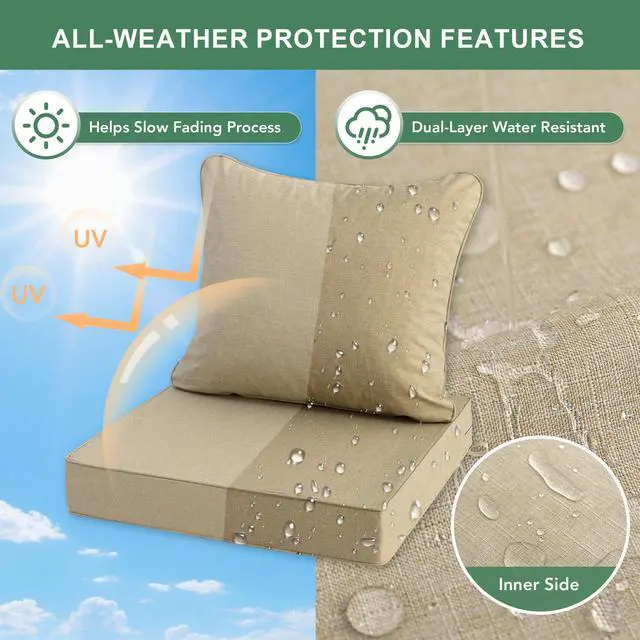 Alt view image 3 of 7 - Summsun Outdoor Chair Cushions Set of 4, Faux Linen Patio Furniture Cushions, Water Resistant Backrest and Deep Seat Cushion Set with Ties, Removable Cover, Non-Slip Bottom, 24 x 24 Inch, Nature