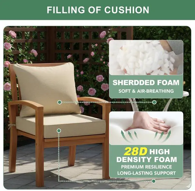Alt view image 6 of 7 - Summsun Outdoor Chair Cushions Set of 4, Faux Linen Patio Furniture Cushions, Water Resistant Backrest and Deep Seat Cushion Set with Ties, Removable Cover, Non-Slip Bottom, 24 x 24 Inch, Nature