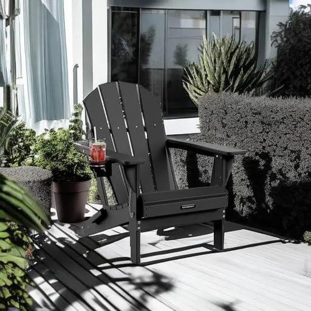 Alt view image 5 of 7 - MUCHENGHY Folding Adirondack Chairs Patio Chairs Outdoor Adirondack Chair Weather Resistant Chair for Patio, Outside, Deck, Backyard, Fire Pit Chair, Campfire Chairs (Black)
