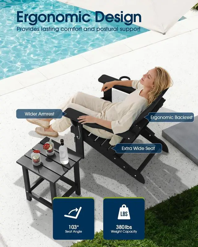 Alt view image 3 of 7 - MUCHENGHY Folding Adirondack Chairs Patio Chairs Outdoor Adirondack Chair Weather Resistant Chair for Patio, Outside, Deck, Backyard, Fire Pit Chair, Campfire Chairs (Black)