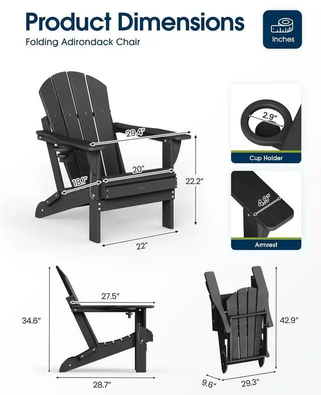 Alt view image 6 of 7 - MUCHENGHY Folding Adirondack Chairs Patio Chairs Outdoor Adirondack Chair Weather Resistant Chair for Patio, Outside, Deck, Backyard, Fire Pit Chair, Campfire Chairs (Black)