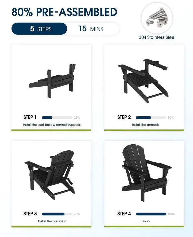 Alt view image 7 of 7 - MUCHENGHY Folding Adirondack Chairs Patio Chairs Outdoor Adirondack Chair Weather Resistant Chair for Patio, Outside, Deck, Backyard, Fire Pit Chair, Campfire Chairs (Black)