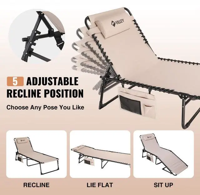 Alt view image 2 of 7 - VILLEY Oversized Chaise Lounge Chair, Heavy-Duty Folding Outdoor Lounge Chair with 5 Adjustable Positions, Portable Trifold Beach Lounger for Patio, Beach, Lawn, Backyard, Camping Beige