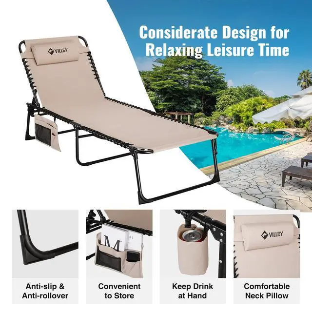 Alt view image 3 of 7 - VILLEY Oversized Chaise Lounge Chair, Heavy-Duty Folding Outdoor Lounge Chair with 5 Adjustable Positions, Portable Trifold Beach Lounger for Patio, Beach, Lawn, Backyard, Camping Beige