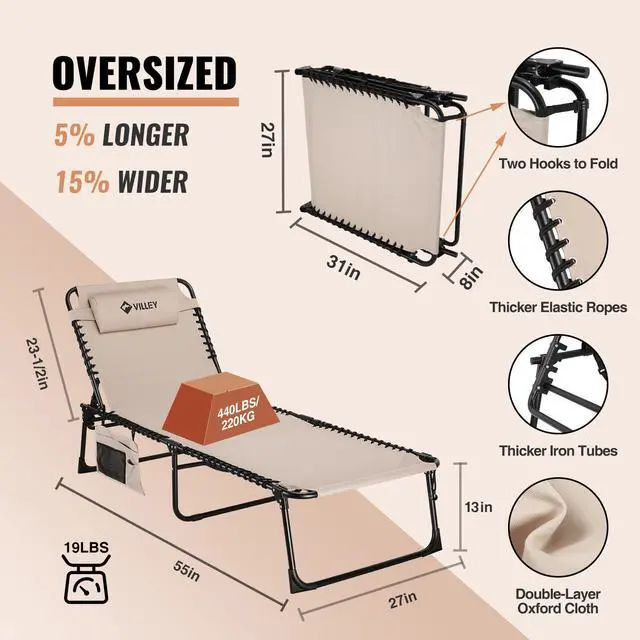 Alt view image 4 of 7 - VILLEY Oversized Chaise Lounge Chair, Heavy-Duty Folding Outdoor Lounge Chair with 5 Adjustable Positions, Portable Trifold Beach Lounger for Patio, Beach, Lawn, Backyard, Camping Beige