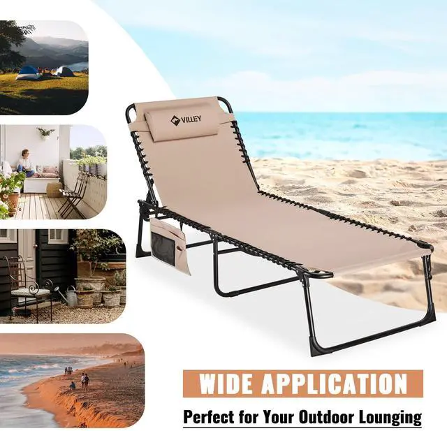Alt view image 5 of 7 - VILLEY Oversized Chaise Lounge Chair, Heavy-Duty Folding Outdoor Lounge Chair with 5 Adjustable Positions, Portable Trifold Beach Lounger for Patio, Beach, Lawn, Backyard, Camping Beige