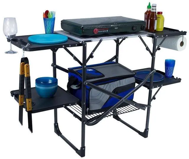 Alt view image 6 of 7 - GCI OUTDOOR Slim-Fold Cook Station | Portable Folding Kitchen Table with a Heat Resistant Tabletop, 4 Side Tables & Storage Rack, Perfect for Picnics & Camping Trips