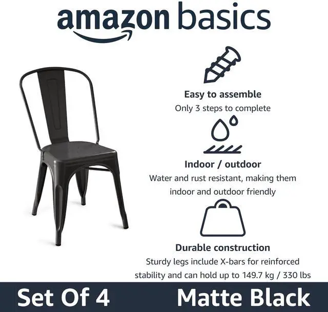Alt view image 2 of 5 - Metal Dining Chairs, Easy to Assemble, Indoor/Outdoor, Stackable, Matte Black, 4-Pack