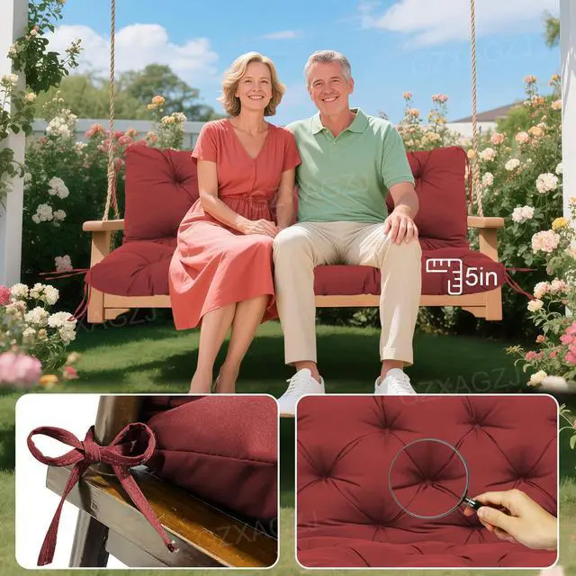 Alt view image 3 of 7 - GZXAGZJ Porch Swing Cushions Outdoor 60 inch Waterproof Swing Cushions 3 Seater Replacement with Backrest and Ties Thicken 5" Bench Swing Cushion for Outdoor Furniture Patio(Wine Red60x40x5inch)
