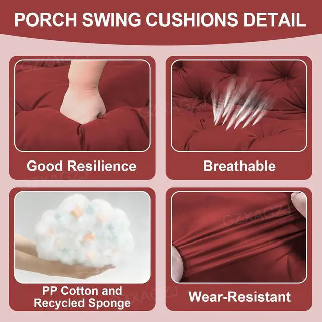 Alt view image 4 of 7 - GZXAGZJ Porch Swing Cushions Outdoor 60 inch Waterproof Swing Cushions 3 Seater Replacement with Backrest and Ties Thicken 5" Bench Swing Cushion for Outdoor Furniture Patio(Wine Red60x40x5inch)