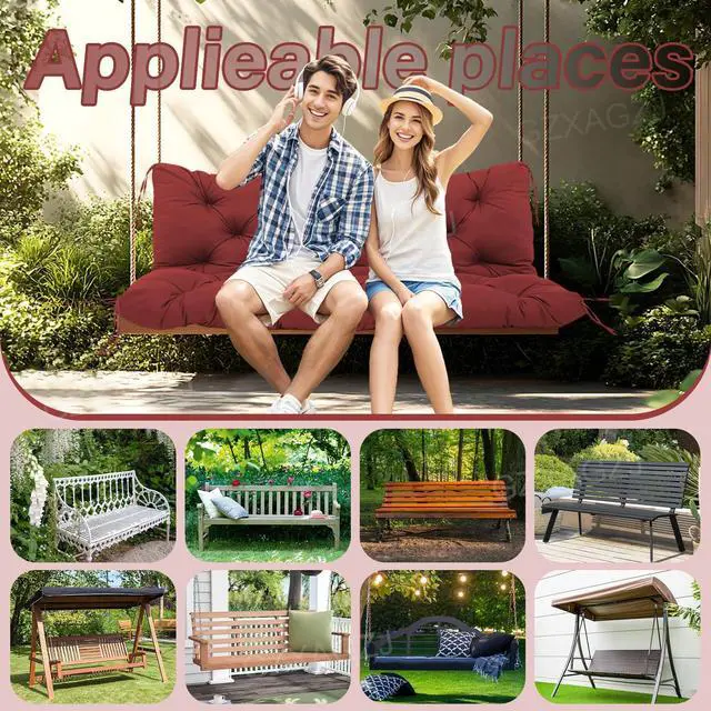 Alt view image 5 of 7 - GZXAGZJ Porch Swing Cushions Outdoor 60 inch Waterproof Swing Cushions 3 Seater Replacement with Backrest and Ties Thicken 5" Bench Swing Cushion for Outdoor Furniture Patio(Wine Red60x40x5inch)