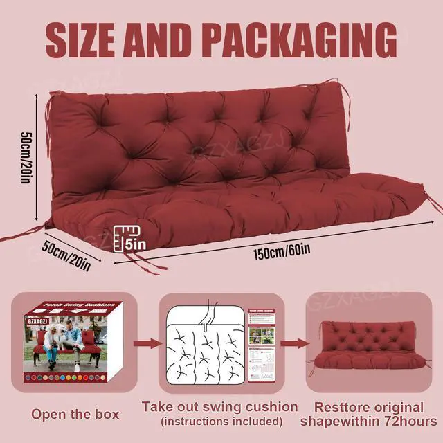 Alt view image 6 of 7 - GZXAGZJ Porch Swing Cushions Outdoor 60 inch Waterproof Swing Cushions 3 Seater Replacement with Backrest and Ties Thicken 5" Bench Swing Cushion for Outdoor Furniture Patio(Wine Red60x40x5inch)