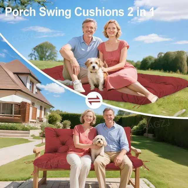 Alt view image 7 of 7 - GZXAGZJ Porch Swing Cushions Outdoor 60 inch Waterproof Swing Cushions 3 Seater Replacement with Backrest and Ties Thicken 5" Bench Swing Cushion for Outdoor Furniture Patio(Wine Red60x40x5inch)