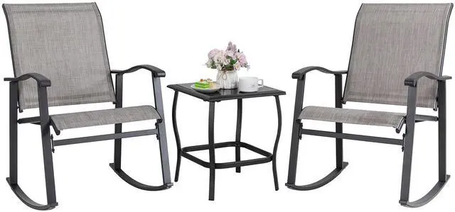 Main image of Shintenchi 3 Piece Rocking Bistro Set, Outdoor Furniture with Rocker Chairs and Glass Coffee Table Balcony, Porch Furniture for Small Space, Gray