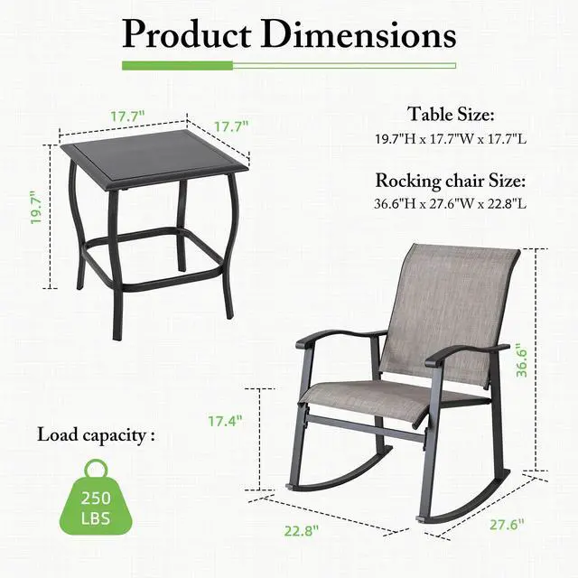 Alt view image 2 of 4 - Shintenchi 3 Piece Rocking Bistro Set, Outdoor Furniture with Rocker Chairs and Glass Coffee Table Balcony, Porch Furniture for Small Space, Gray