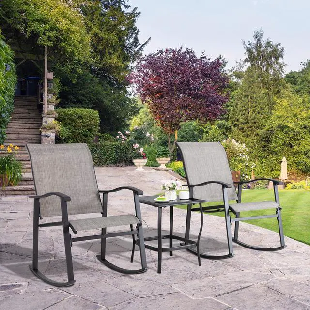 Alt view image 4 of 4 - Shintenchi 3 Piece Rocking Bistro Set, Outdoor Furniture with Rocker Chairs and Glass Coffee Table Balcony, Porch Furniture for Small Space, Gray