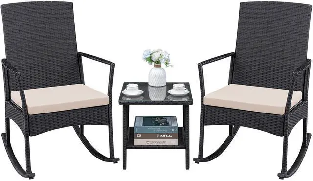 Main image of Greesum 3 Pieces Patio Furniture Set Outdoor Wicker Rocking Chairs with Glass Coffee Table for Garden Backyard Porch Poolside, Beige