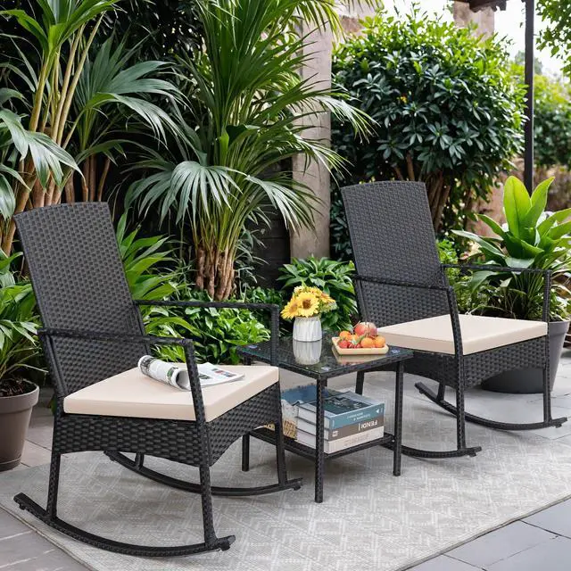 Alt view image 2 of 7 - Greesum 3 Pieces Patio Furniture Set Outdoor Wicker Rocking Chairs with Glass Coffee Table for Garden Backyard Porch Poolside, Beige