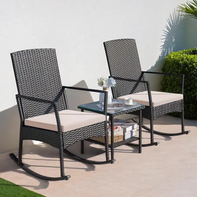 Alt view image 3 of 7 - Greesum 3 Pieces Patio Furniture Set Outdoor Wicker Rocking Chairs with Glass Coffee Table for Garden Backyard Porch Poolside, Beige