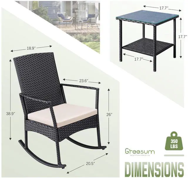Alt view image 6 of 7 - Greesum 3 Pieces Patio Furniture Set Outdoor Wicker Rocking Chairs with Glass Coffee Table for Garden Backyard Porch Poolside, Beige