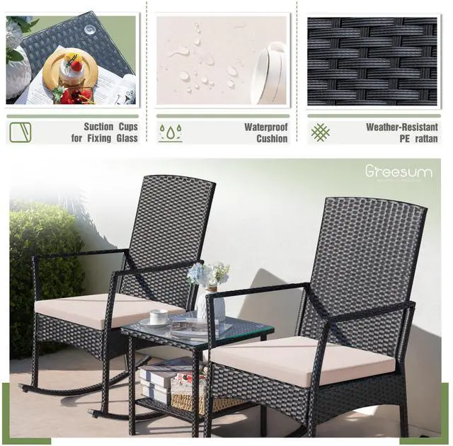 Alt view image 7 of 7 - Greesum 3 Pieces Patio Furniture Set Outdoor Wicker Rocking Chairs with Glass Coffee Table for Garden Backyard Porch Poolside, Beige