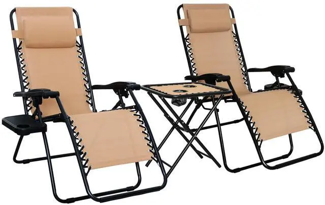 Main image of Outdoor Textilene Adjustable Zero Gravity Folding Reclining Lounge Chair Set with Cup Holder, Side Table, Headrest, Weather-Resistant, 35 x 26 x 43 inches, Beige, 2-Pack