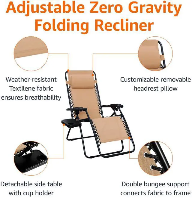 Alt view image 3 of 5 - Outdoor Textilene Adjustable Zero Gravity Folding Reclining Lounge Chair Set with Cup Holder, Side Table, Headrest, Weather-Resistant, 35 x 26 x 43 inches, Beige, 2-Pack