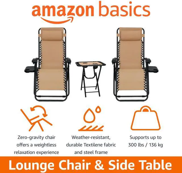 Alt view image 2 of 5 - Outdoor Textilene Adjustable Zero Gravity Folding Reclining Lounge Chair Set with Cup Holder, Side Table, Headrest, Weather-Resistant, 35 x 26 x 43 inches, Beige, 2-Pack