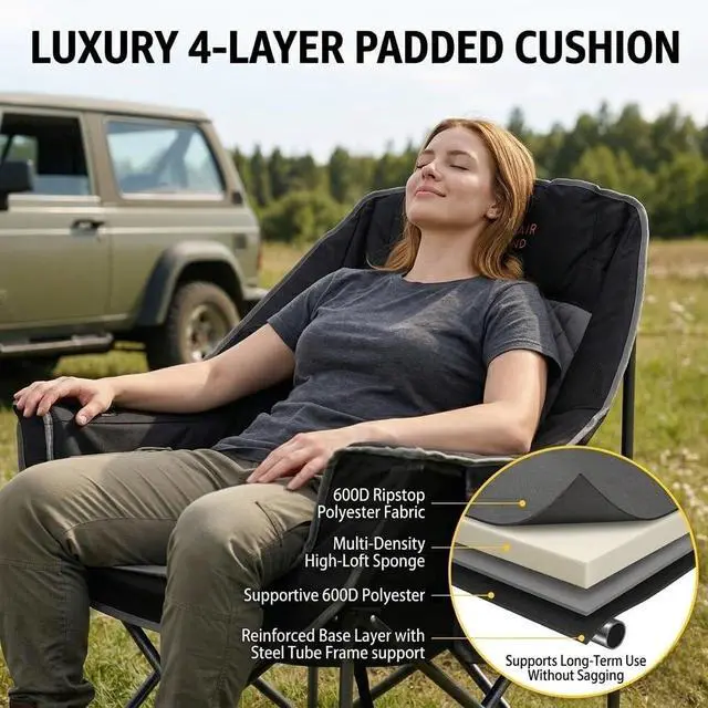 Alt view image 4 of 7 - FAIR WIND 2 Pack Oversized Padded Camping Chair Heavy Duty Quad Fold Arm Chair Portable for Outdoor - Support 500LBS, Black