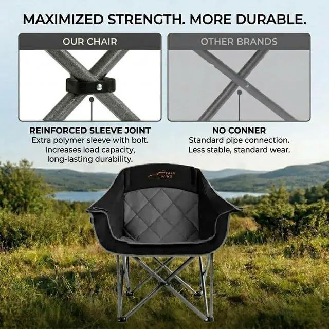 Alt view image 5 of 7 - FAIR WIND 2 Pack Oversized Padded Camping Chair Heavy Duty Quad Fold Arm Chair Portable for Outdoor - Support 500LBS, Black