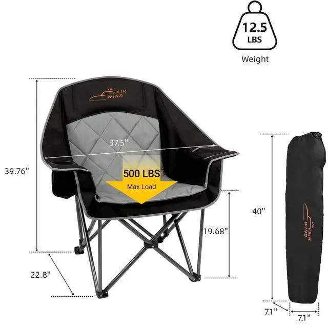 Alt view image 7 of 7 - FAIR WIND 2 Pack Oversized Padded Camping Chair Heavy Duty Quad Fold Arm Chair Portable for Outdoor - Support 500LBS, Black