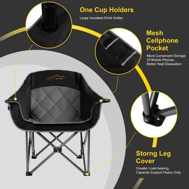 Alt view image 3 of 7 - FAIR WIND 2 Pack Oversized Padded Camping Chair Heavy Duty Quad Fold Arm Chair Portable for Outdoor - Support 500LBS, Black