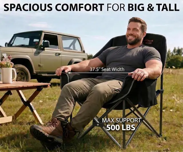 Alt view image 2 of 7 - FAIR WIND 2 Pack Oversized Padded Camping Chair Heavy Duty Quad Fold Arm Chair Portable for Outdoor - Support 500LBS, Black